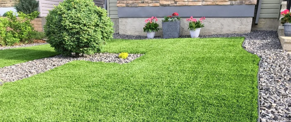 Artificial turf with plants and rocks in Olathe, KS.