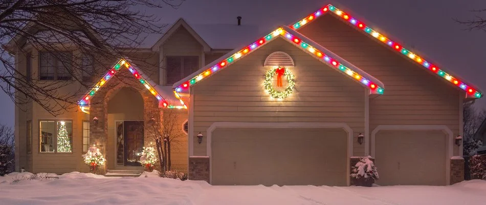 Holiday lights on a home in Olathe, KS.