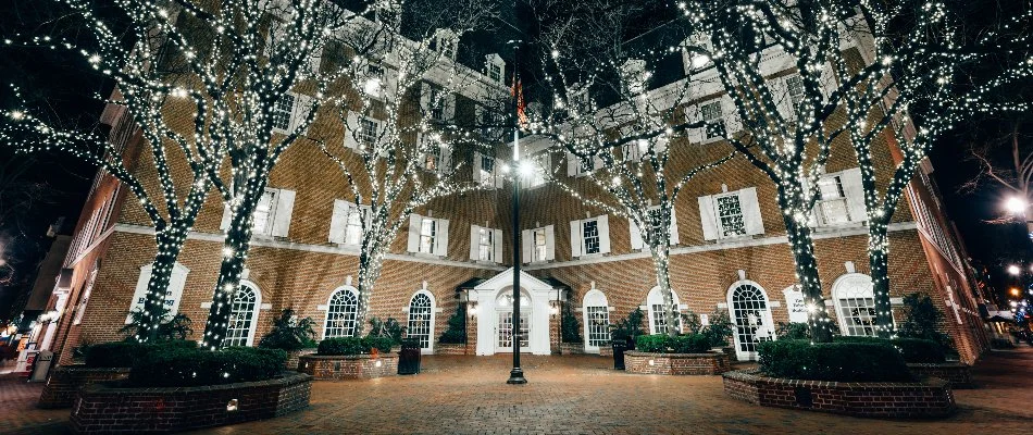 Holiday lights on a commercial property in Olathe, KS.