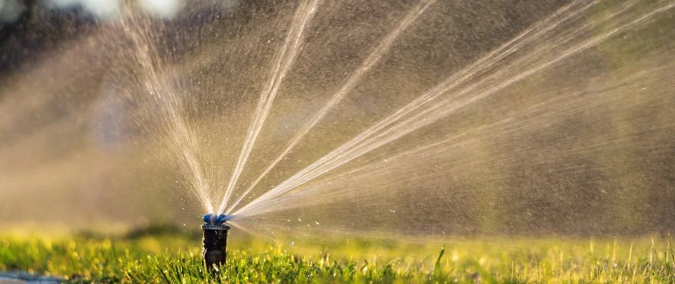Sprinkler on a lawn in Olathe, KS, spraying water.