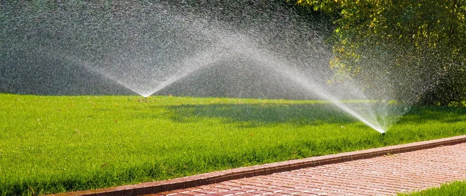 Sprinkler head watering a lawn in Wesley Chapel, NC.